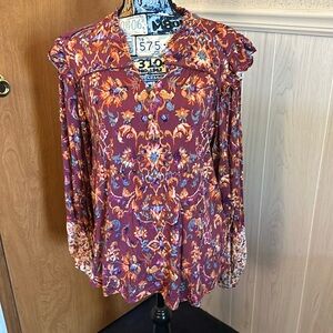 Democracy Floral Ruffle Collar Open V Neck Blouson Sleeve Top. Size L